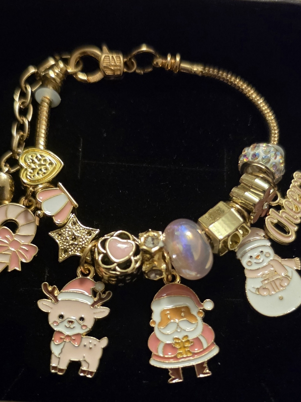 Gold-Tone Holiday Charm Bracelet with Pink Accents - Unbranded